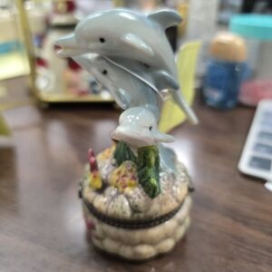 Porcelain Dolphin Trinket Box - Pale Blue Coral Design